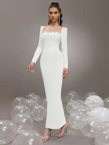 New Rhinestone Decor Tight Long Bandage Dress, Women's Formal Wedding Party Evening Gown Wedding Guest Dress - White - View 5