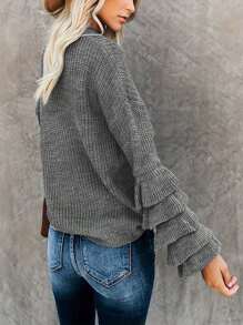 Simple, Casual, Versatile, Solid-Color, Round-Neck, Ruffle Sleeve Design Long Sleeve Women Sweater, Spring Autumn Winter Tops For Ladies