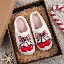 Zapatillas de estar por casa con bordado lindo de cerezo con lazo, diseño de frutas, de felpa cálida, para mujer, regalo de Navidad/fiesta