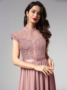 MIUSOL Đầm dự tiệc chi tiết ren tương phản viền ruy băng - Hồng - Xem 5