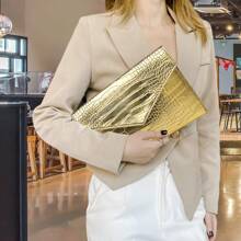 22 TOTE Crocodile PU Leather Gold Clutch Envelope Bag Crossbody Purse With Chain Strap - Gold - View 6