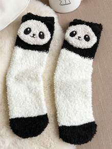 1双女士舒适纯色保暖柔软抓绒长袜，袜口饰有熊猫标签缝线，柔软舒适，及踝长度 - 白色 - 查看 3