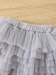 Falda de tul rizada de color liso y versátil para niña joven - Gris - Ver 2