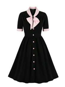 Vintage Women 1940s Bow Tie Neck Dress Retro 50s Button Up Business Work A-Line Cocktail Dresses - Black - View 1