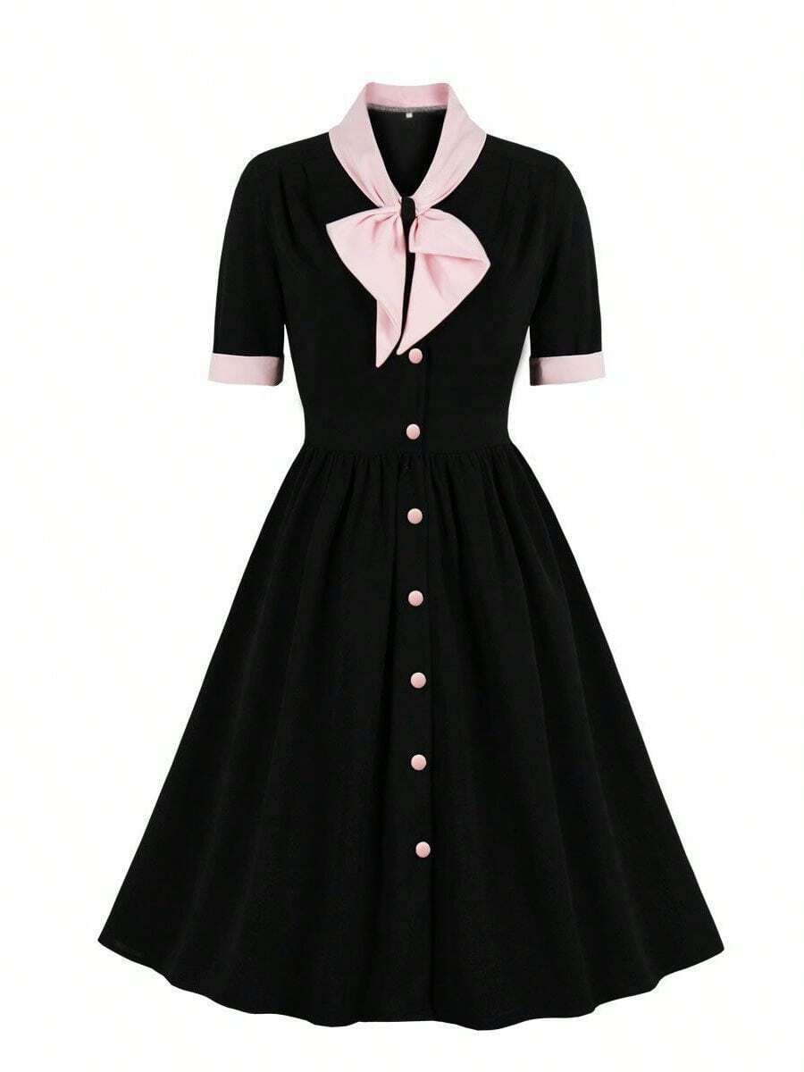 Vintage Women 1940s Bow Tie Neck Dress Retro 50s Button Up Business Work A-Line Cocktail Dresses - Black - View 1