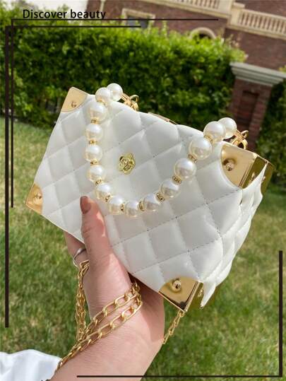 1 pieza Nuevo bolso acolchado de unicolor con rombo, decoración de perlas falsas y rhinestone, elegante y único bolso con forma de caja con cierre y cadena de metal para usar como bandolera, regalo de moda para mujeres