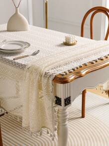 1 pieza Mantel de estilo francés vintage romántico de encaje blanco con borlas, adecuado para picnic, fiesta festiva, boda, evento, decoración de habitación