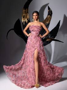 QOQ Váy dạ hội thanh lịch mùa hè cho phụ nữ cho mùa tốt nghiệp, tiệc vũ hội, khách dự tiệc cưới, tiệc sinh nhật, tiệc mừng trở về nhà, váy dài hở lưng in hoa lưới xẻ cao - Hồng - Xem 2