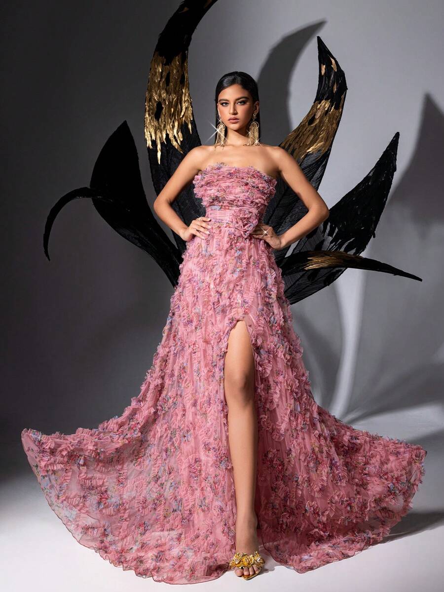 QOQ Váy dạ hội thanh lịch mùa hè cho phụ nữ cho mùa tốt nghiệp, tiệc vũ hội, khách dự tiệc cưới, tiệc sinh nhật, tiệc mừng trở về nhà, váy dài hở lưng in hoa lưới xẻ cao