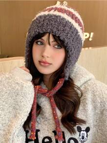 1 件女士保暖羊毛捕手帽，厚护耳帽，带编织绒球，适合秋冬季户外使用