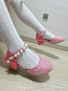 1pair Girls Fashion Elegant Bowknot Pearl Rhinestone Design Princess High Heel Dress Shoes, Pink Color, Breathable Anti-Slip, Suitable For Spring Summer Autumn Wedding Party Stage