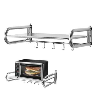 FXLTSBL Microwave Holder, Microwave Shelf With 6 Hooks, Microwave Holder Made Of Stainless Steel, Extendable Up To 30 Kg, Including Wall Bracket, For Microwave And Oven, Silver