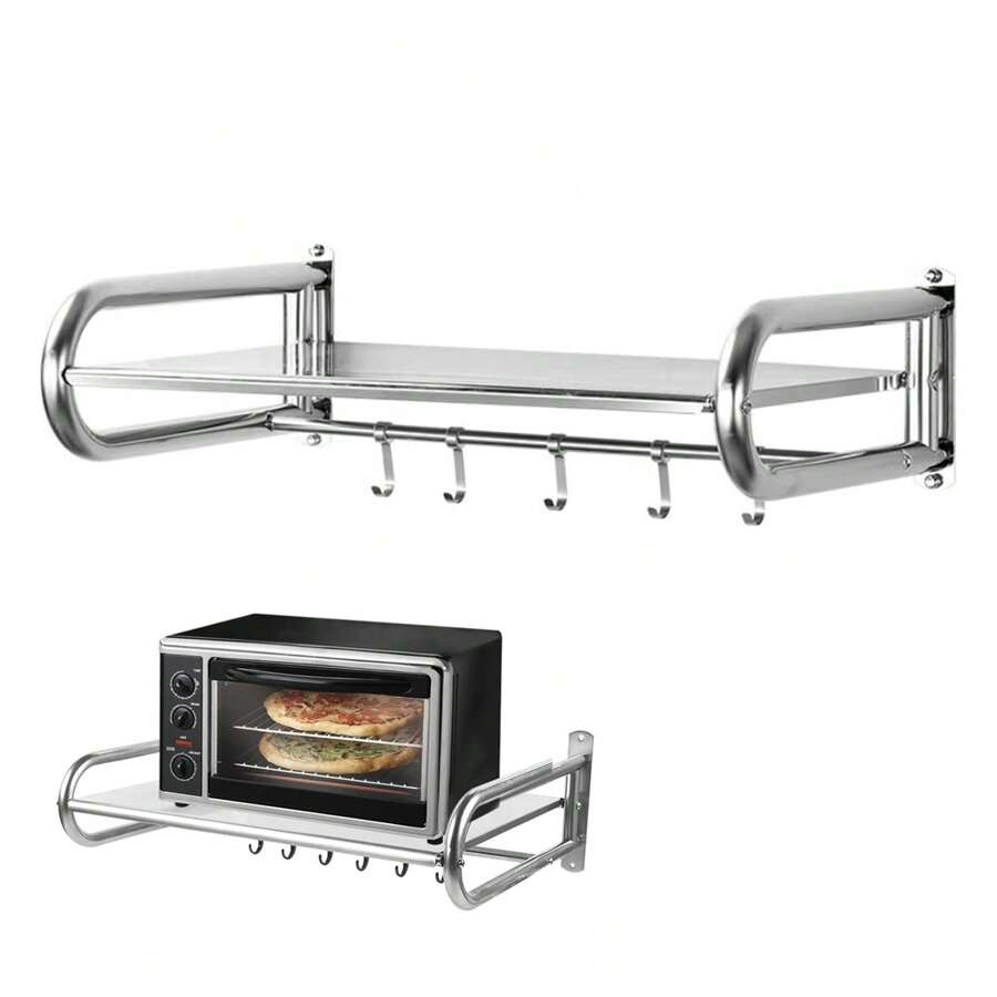 FXLTSBL Microwave Holder, Microwave Shelf With 6 Hooks, Microwave Holder Made Of Stainless Steel, Extendable Up To 30 Kg, Including Wall Bracket, For Microwave And Oven, Silver - Silver - View 1