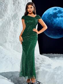 UNITHORSE 露肩褶皱重绣亮片手工串珠腰部收紧紧身正式晚礼服，优雅舞会礼服，适合婚礼嘉宾、毕业典礼、晚宴 - 墨綠色 - 查看 12