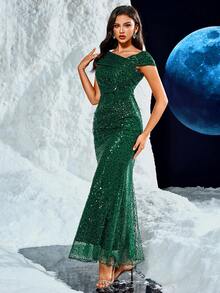 UNITHORSE 露肩褶皱重绣亮片手工串珠腰部收紧紧身正式晚礼服，优雅舞会礼服，适合婚礼嘉宾、毕业典礼、晚宴 - 墨綠色 - 查看 11