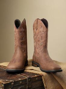 Men's Embroidered Side Zipper High-Top Riding Boots, Retro Pointed Toe Soft Bottom  Boots, Autumn Winter New