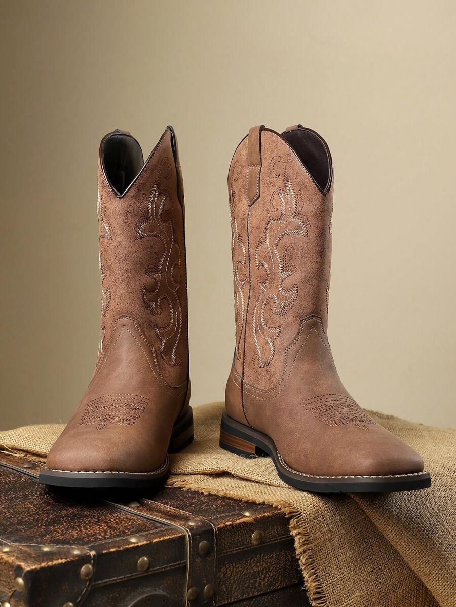 Men's Embroidered Side Zipper High-Top Riding Boots, Retro Pointed Toe Soft Bottom  Boots, Autumn Winter New