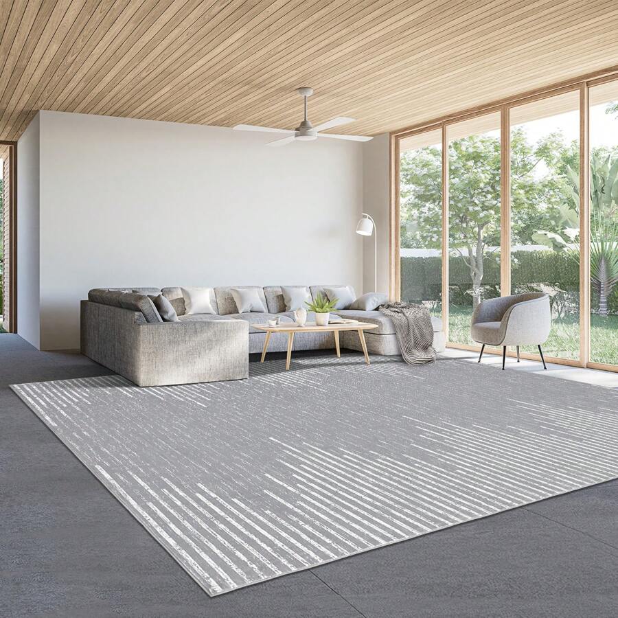 Modern Geometric Carpet Washable Area Rug Low Pile Soft Carpet Striped Carpet Large Size Indoor Carpet Stain Resistant Non-Slip For Living Room Bedroom Dining Room Office Apartment - 灰色 - 查看 1