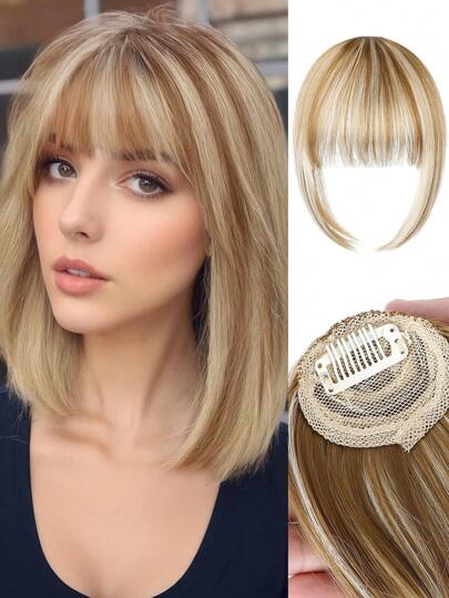 Bangs Hairpin Hand-Woven Synthetic Wig Small Bangs Hairpin French Air Bangs For Women (Blonde Highlight, Small Bangs)