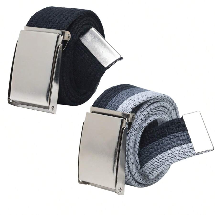 Kit Of 2 Men's Grosgrain Canvas Belts With Adjustable American Buckle, High Quality, Plus Size - Đen xám - Xem 1