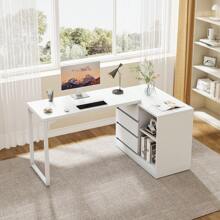 Tribesigns L-Shaped Computer Desk With Drawers And Shelves, Reversible White Corner Office Desk With Storage Cabinet, Modern Study Writing Table For Home Office, Bedroom - 白色 - 查看 7