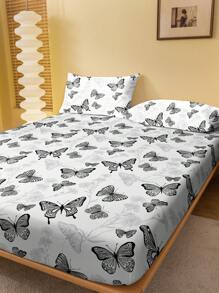 1pc  Butterfly White Background Butterfly Print Percale Fitted Sheet, Bedroom Printed Bed Cover, Bedding (Pillowcase Not Included) - Multicolor - View 3