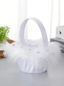 1pc Wedding Flower Girl Basket Mini Lace, Feather, And Flower Basket With Handle For Wedding, White Lace Flower Basket Used As Photography Prop And Wedding Accessories Jewelry Flower Basket - Multicolor - View 2