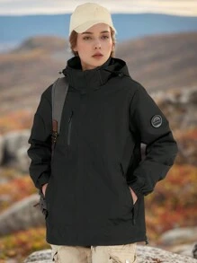GRIM PANDA 女款輕量防水拉鍊連帽雨衣，防風戶外外套，適合登山、露營、旅行，提供大尺碼 - 黑色 - 查看 2