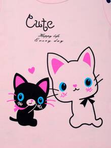 Young Girls Pink Cartoon Heart Cat Printed  Pajama Set, Spring Autumn - Pink - View 5