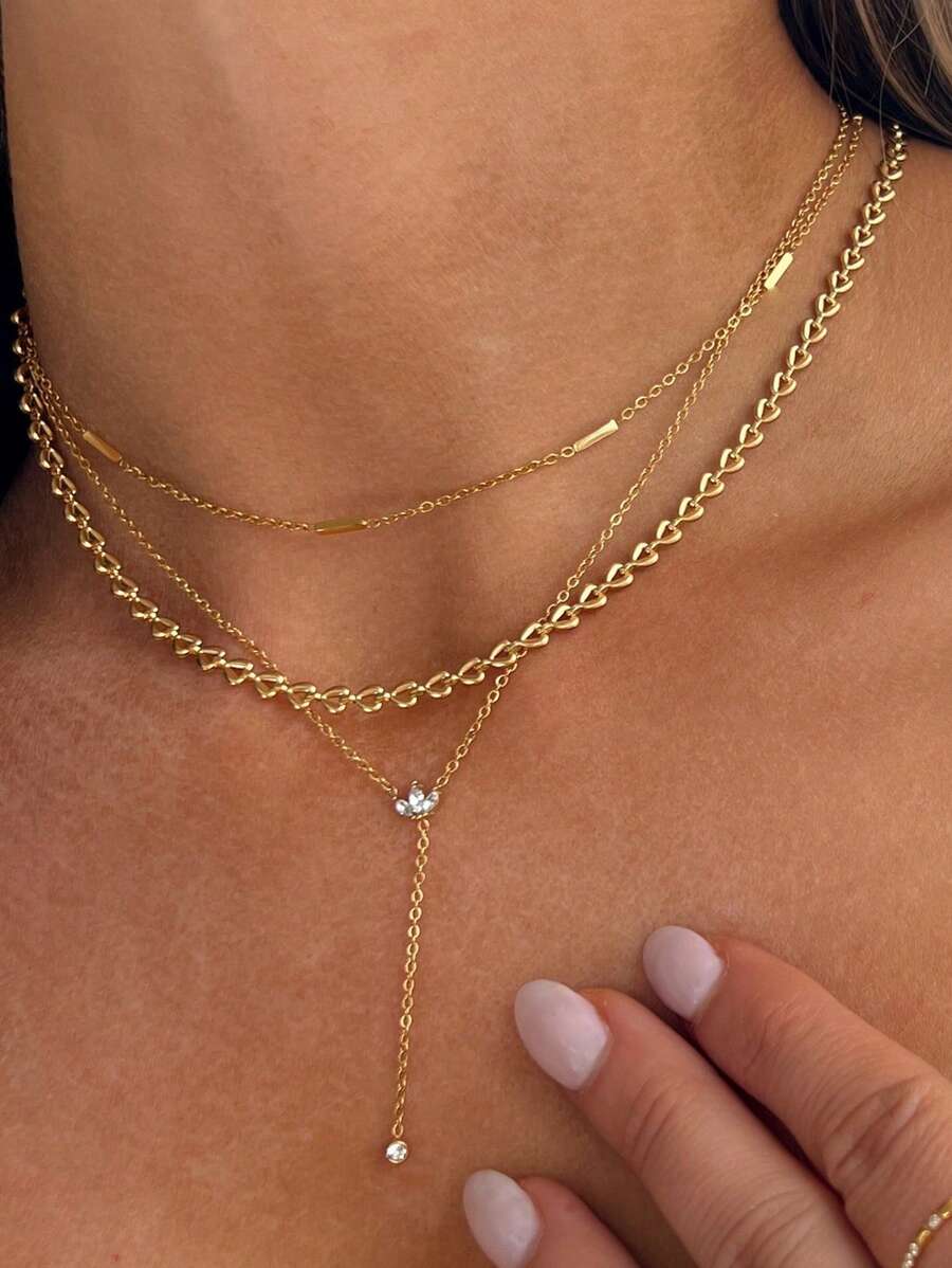 Shescity 1 套 3 件简约设计爱心花水滴项链套装适合女性日常宴会佩戴