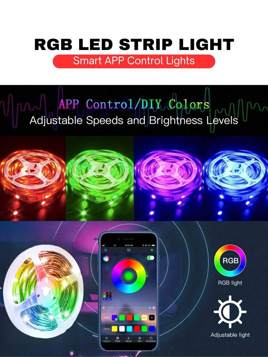 ONELEDWANGRX 1 个智能 APP 控制 LED 灯带，1m-15M/3.3ft-50ft 灯 USB 5v 供电柔性发光二极管，RGB 灯带用于电视背光，随音乐同步变色，用于电视电脑背光装饰灯卧室客厅派对氛围装饰