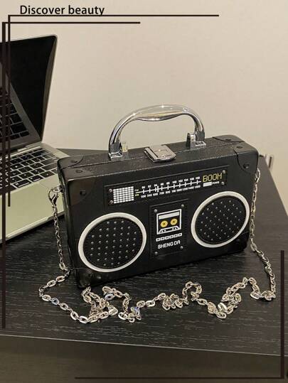 1pc New Stylish Radio Shaped Handbag, Black Color Party Music Element Box, Unique Gift, Portable Speaker Design, Unisex Suitable For Women, Couples