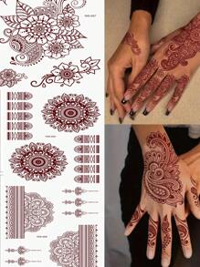 210X150MM 1 Sheets India Mehndi Design Brown Red Maroon Tattoo Stickers, Temporary Tattoos For Women, Waterproof Body Art Stickers, Hand Painted Henna Design, Long Lasting Fake Tattoos For Fingers And Back Of The Hand - 1pc Oblong Shape