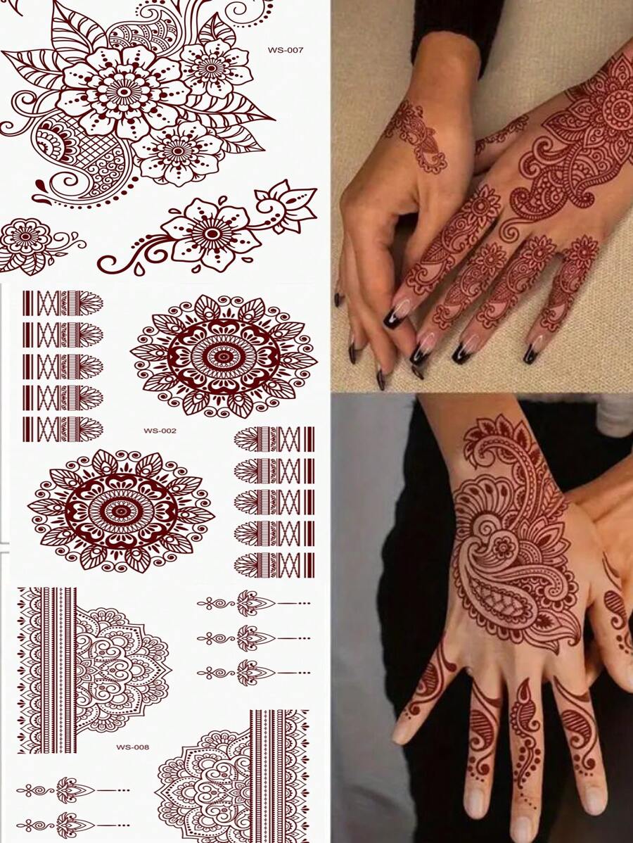 210X150MM 1 Sheets India Mehndi Design Brown Red Maroon Tattoo Stickers, Temporary Tattoos For Women, Waterproof Body Art Stickers, Hand Painted Henna Design, Long Lasting Fake Tattoos For Fingers And Back Of The Hand - 1pc Oblong Shape