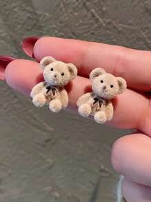 1pair Fashion Student Flocked Bear Earrings, 925 Silver Needle, Cute Simple Design - one-size - View 3