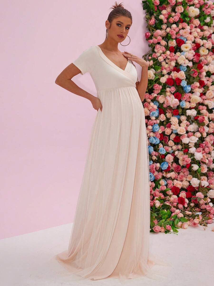 V-Neck Mesh Splicing Solid Color Maternity Dress, Elegant, For Party - Apricot - View 1