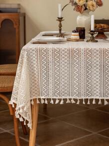 1 pieza Mantel de estilo francés vintage romántico de encaje blanco con borlas, adecuado para picnic, fiesta festiva, boda, evento, decoración de habitación