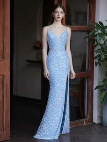 心形领美人鱼下摆开衩亮片装饰晚礼服，优雅正式舞会礼服，适合婚礼嘉宾、毕业典礼、晚宴 - 淺藍色 - 查看 2