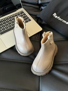 1pair Children  Boots, PU Material, Anti-Slip Sole, Zipper Closure - Khaki - View 1