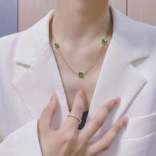 Necklace French Square Thin Versatile Color Zirconia Green Zirconium Titanium Steel Necklace Female Fashion Plated Commuter - 金色 - 查看 2