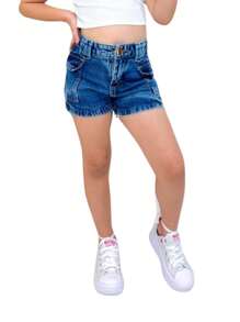 Shorts Cargo Jeans Dark Infantil Menina Bolsos Laterais Moda Feminina Criança Verão Fashion - Azul Empoeirado - Visão 7