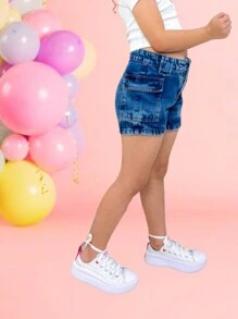 Shorts Cargo Jeans Dark Infantil Menina Bolsos Laterais Moda Feminina Criança Verão Fashion - Azul Empoeirado - Visão 5