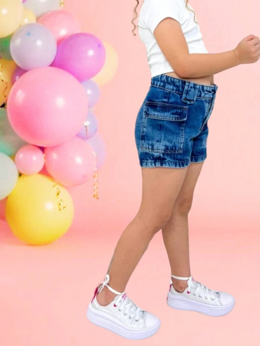 Shorts Cargo Jeans Dark Infantil Menina Bolsos Laterais Moda Feminina Criança Verão Fashion - Azul Empoeirado - Visão 1