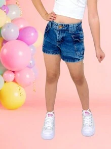 Shorts Cargo Jeans Dark Infantil Menina Bolsos Laterais Moda Feminina Criança Verão Fashion - Azul Empoeirado - Visão 2