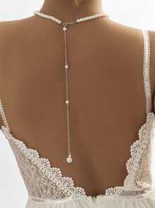 1pc Sexy Faux Pearl Pendant Tassels Chest Chain, Minimalist Beach Bride Body Jewelry Necklace