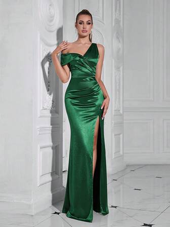 Sleeveless Asymmetrical Neck Slit Dress With Spaghetti Straps, Perfect For Cocktail Party Or Evening, Elegant Prom Semi Formal Dress, For Birthday, Wedding Guest, Graduation, Dinner, Homecoming