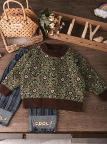1pc Young Boy Knitted Sweater, Green Argyle Crew Neck Pullover, Warm Winter - Green - View 1