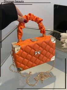 1pc New Solid Color PU Leather Quilted Diamond Small Box Bag, Bow Decor, Pleated Cloud Design Top Handle Hard Shell Box Bag, Metal Chain Shoulder Strap, Daily Use Women Gift Small Square Bag Phone Pouch - Burnt Orange - View 2