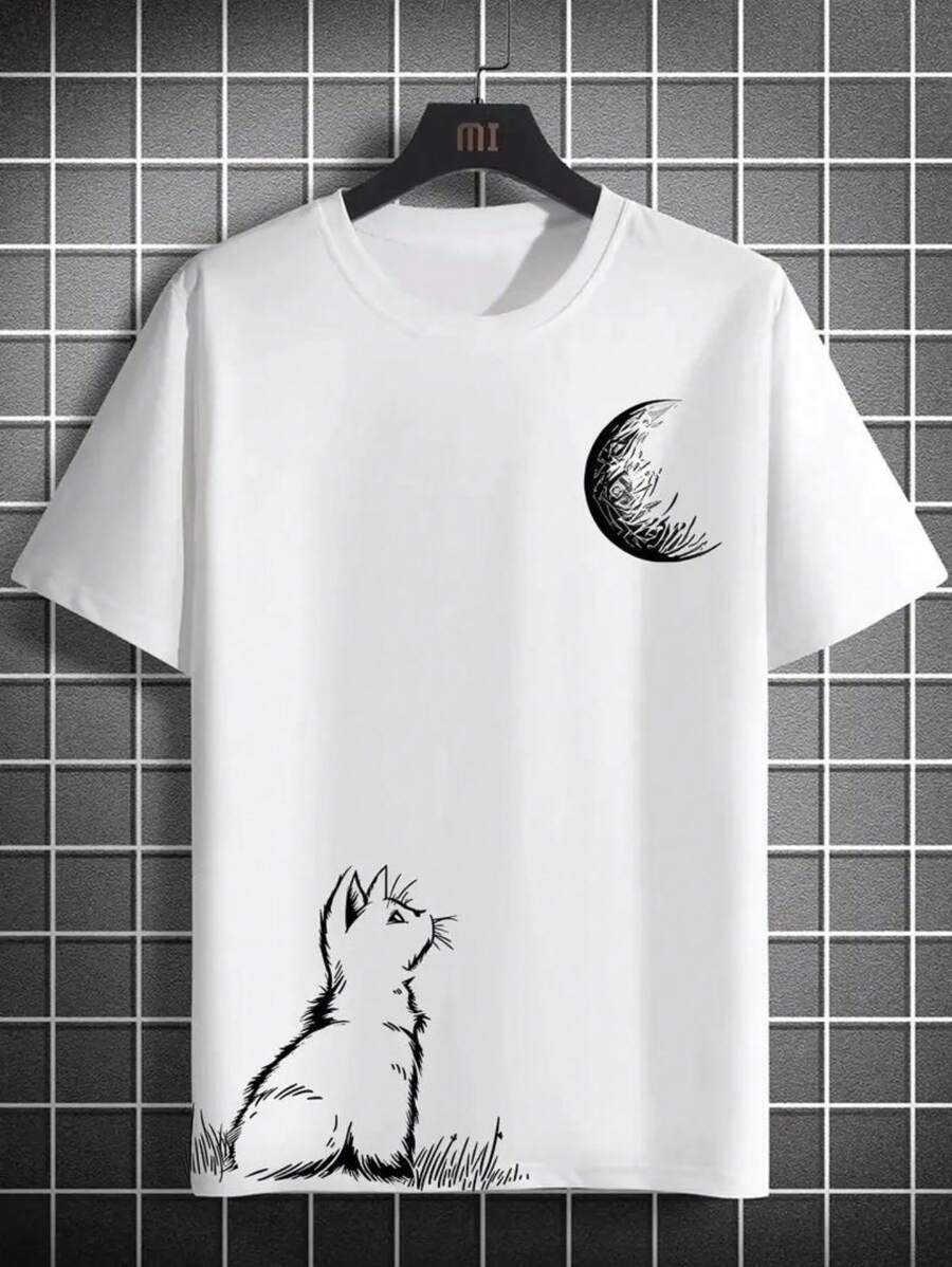 Moonlight Cat Streetwear T-Shirt 100% Cotton Skater Shirt - Fast Shipping - 白色 - 查看 1