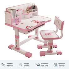 Kids Study Desk And Chair Set, Height Adjustable Children School Study Table Chair Set With Cartoon Pattern, Ergonomic Desk Chair With Large Writing Board, Bookshelf And Book Bucket - Pink - View 2
